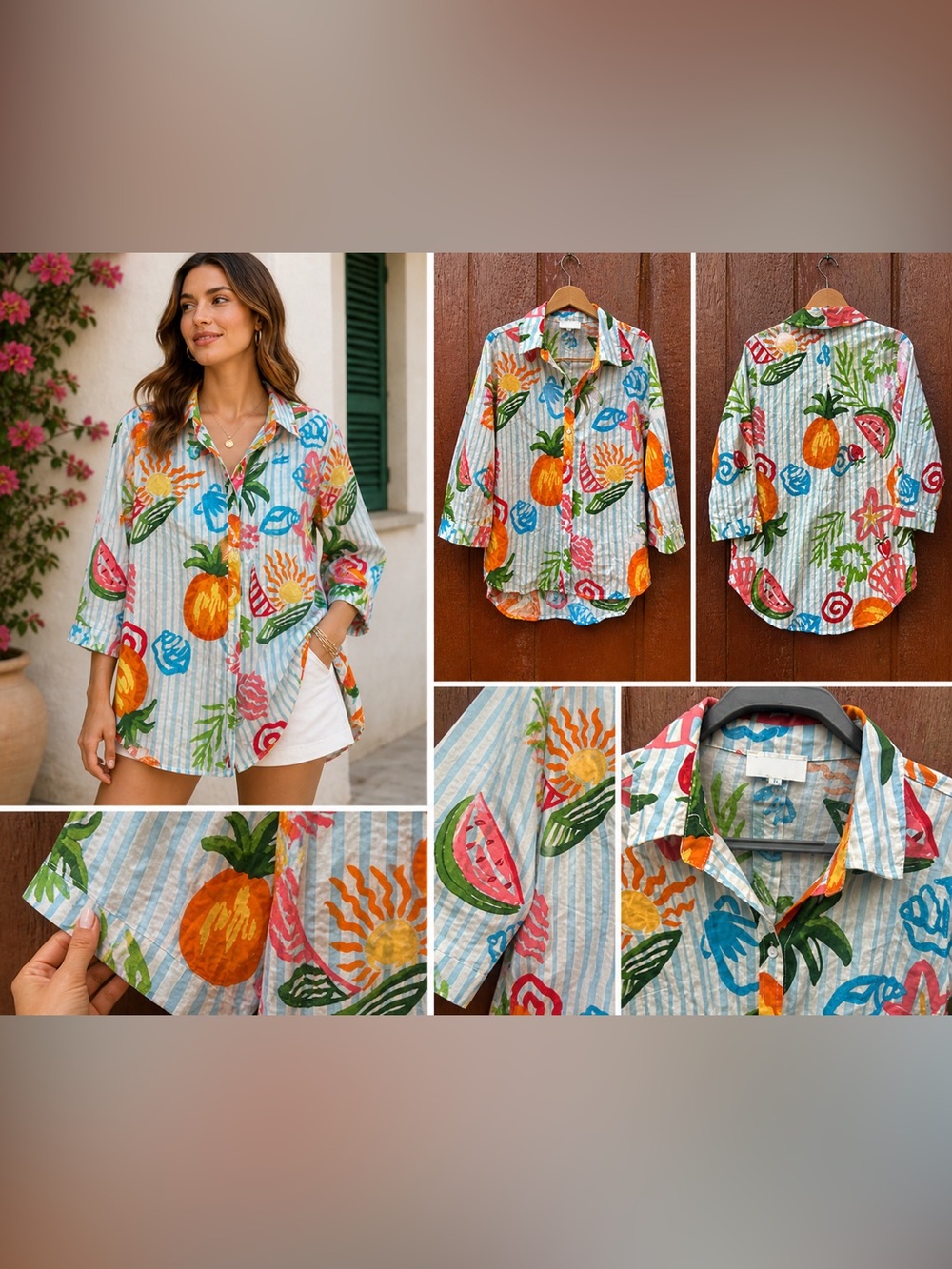 Calypso St. Barth Novelty Tropical Fruit Print Button Down Tunic  L Resort Boho